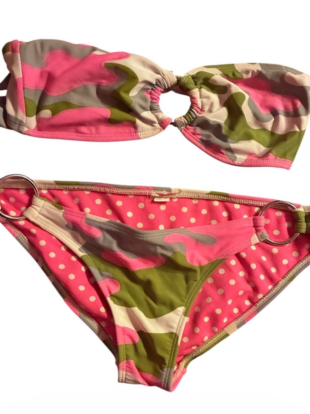 Womenโs Xhilaration Pink Camo Bandeau Bikini with Olive Accents Sz small